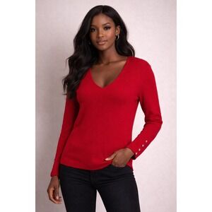 Ann Taylor- Bold Red‎ V-Neck Sweater with Pearls on the Sleeves Size L